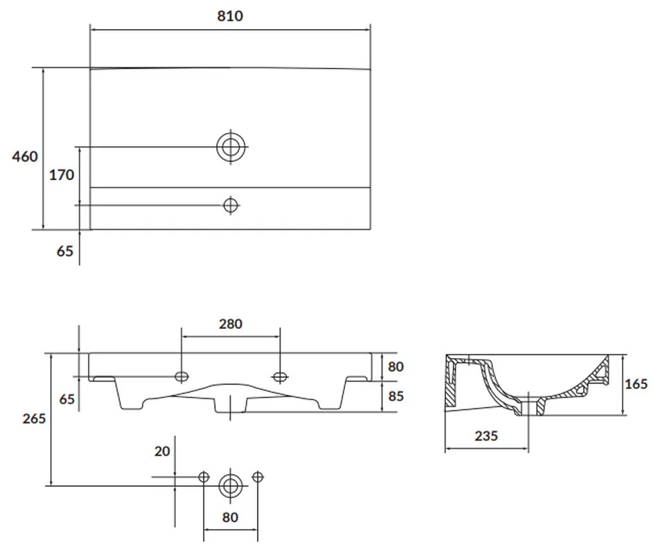 Lavoar suspendat alb 80 cm, dreptunghiular, Cersanit Larga 810x460 mm