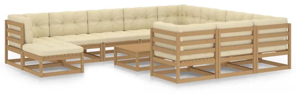 3077092 vidaXL Set mobilier grădină cu perne, 12 piese, maro, lemn masiv pin