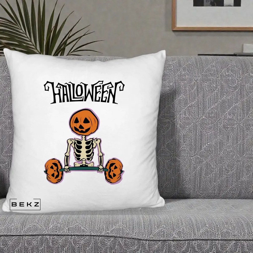 Perna Decorativa Halloween Schelet cu Cap de Dovleac Powerlifting, 40x40 cm, Alb Pufos, Husa Detasabila, Perna Inclusa, BEKZ®