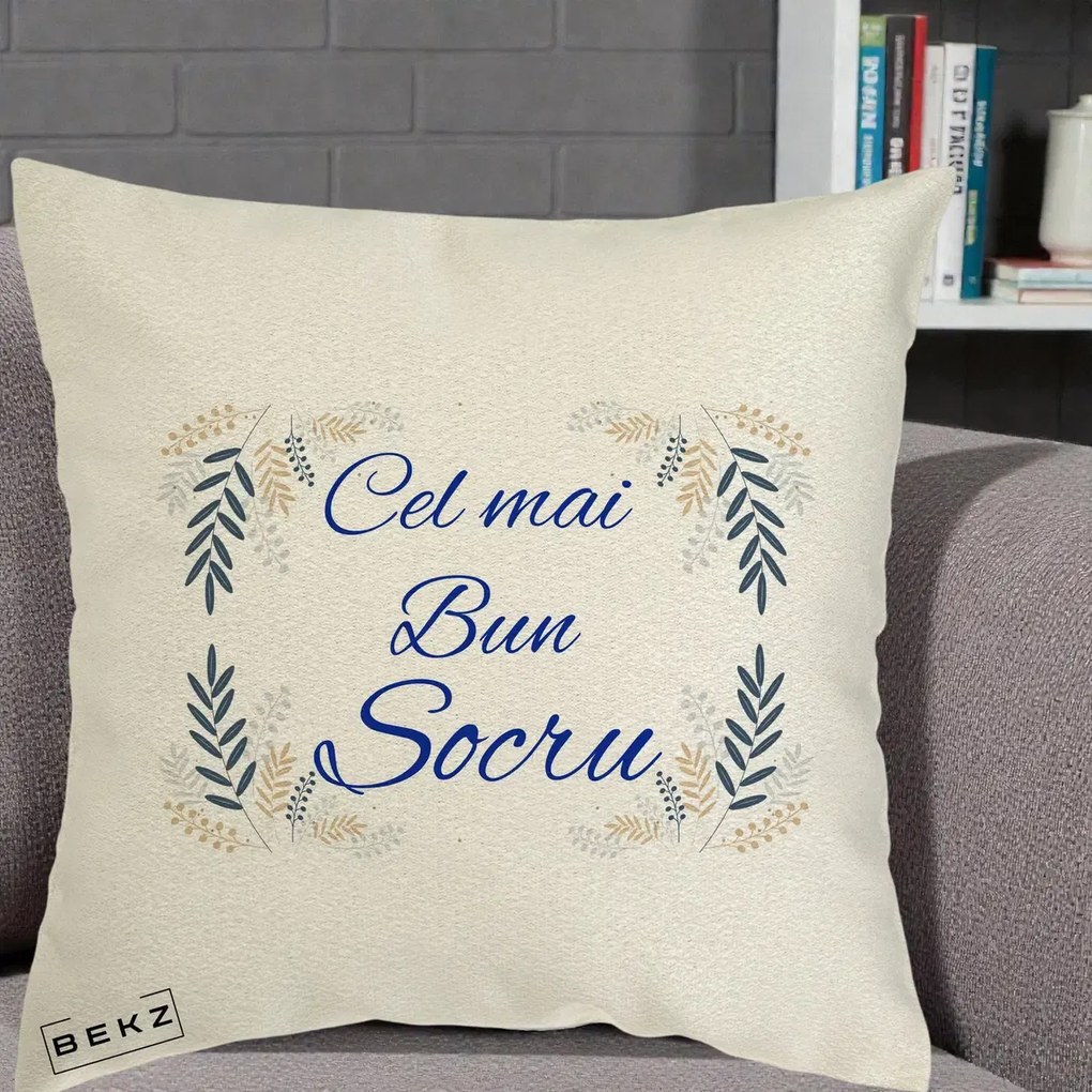 Cadou pentru Socru - Perna Personalizata Cel mai Bun Socru cu Ramuri Frunze Albastre si Aurii, 40x40 cm, Ecru, Husa Detasabila, Perna Inclusa, BEKZ®