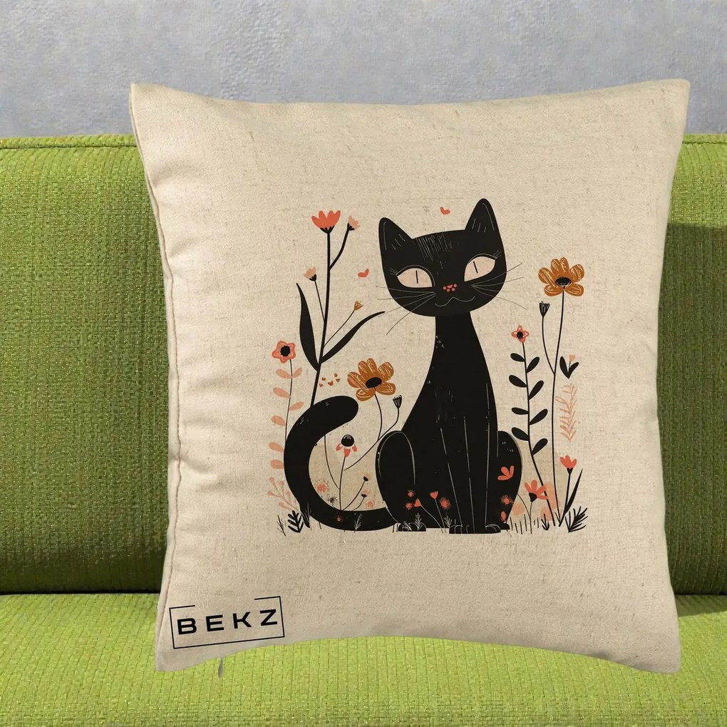 Perna Decorativa Pisica Neagra Flori Pastel Folk, 40x40 cm, Bej, Husa Detasabila, Perna Inclusa, BEKZ®
