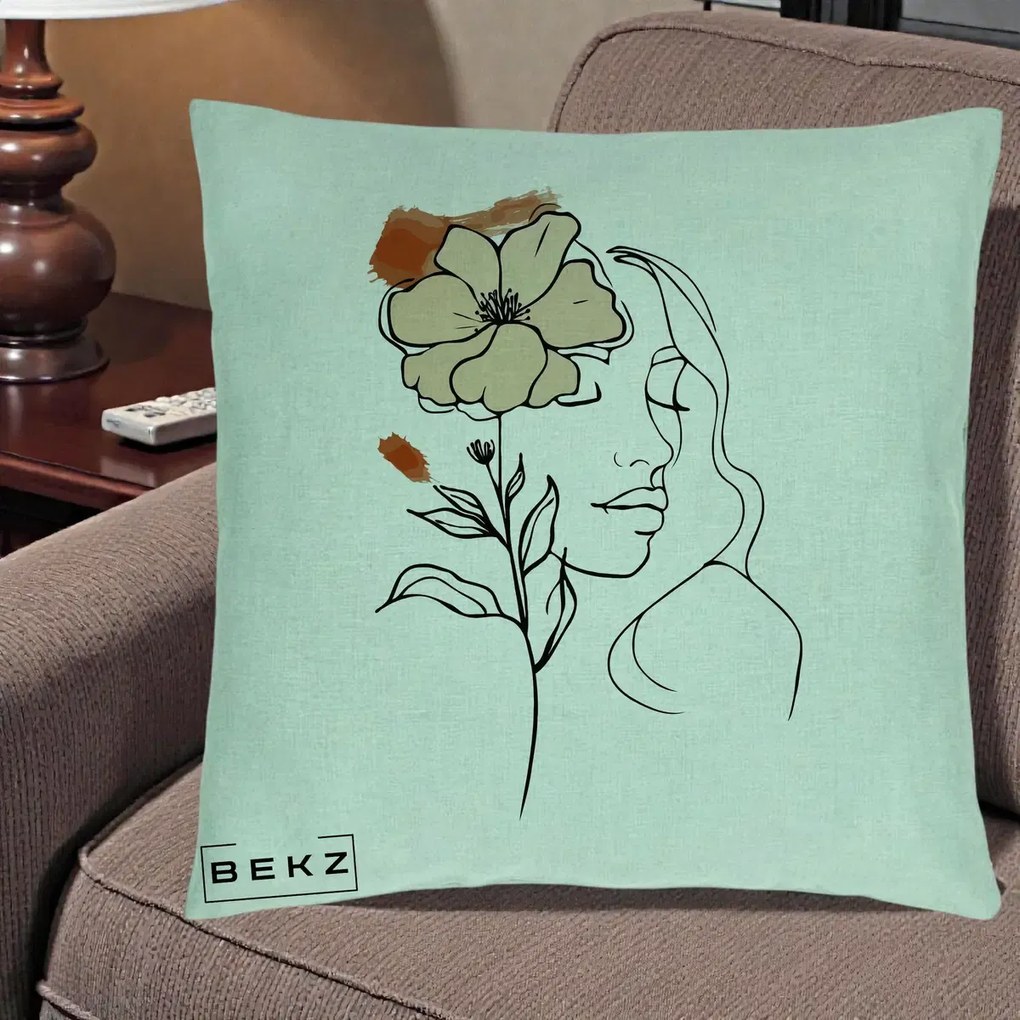 Perna Decorativa Portret Feminin Floare Bej Terracotta, 40x40 cm, Verde Menta, Husa Detasabila, Perna Inclusa, BEKZ®