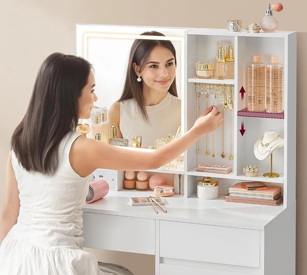 Masuta machiaj cu Oglinda LED si 2 Sertare pentru Cosmetice, Set Masa toaleta 90 cm, Alb, masuta cosmetica, vanity - SEA804