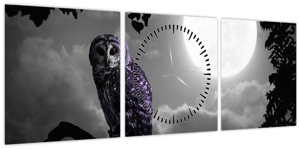 Tablou - Bufniță de noapte, bufniță mov (cu ceas) (90x30 cm)
