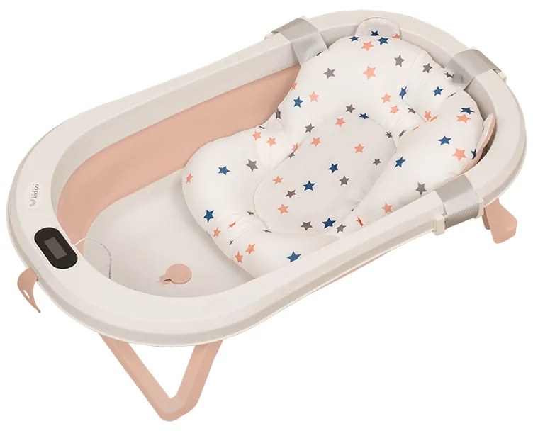 Cadita pliabila cu termometru electronic, hamac ajustabil si dop Kidizi Folda pink, certificat EN71, include furtun scurgere si baza antialunecare, 0-24 luni