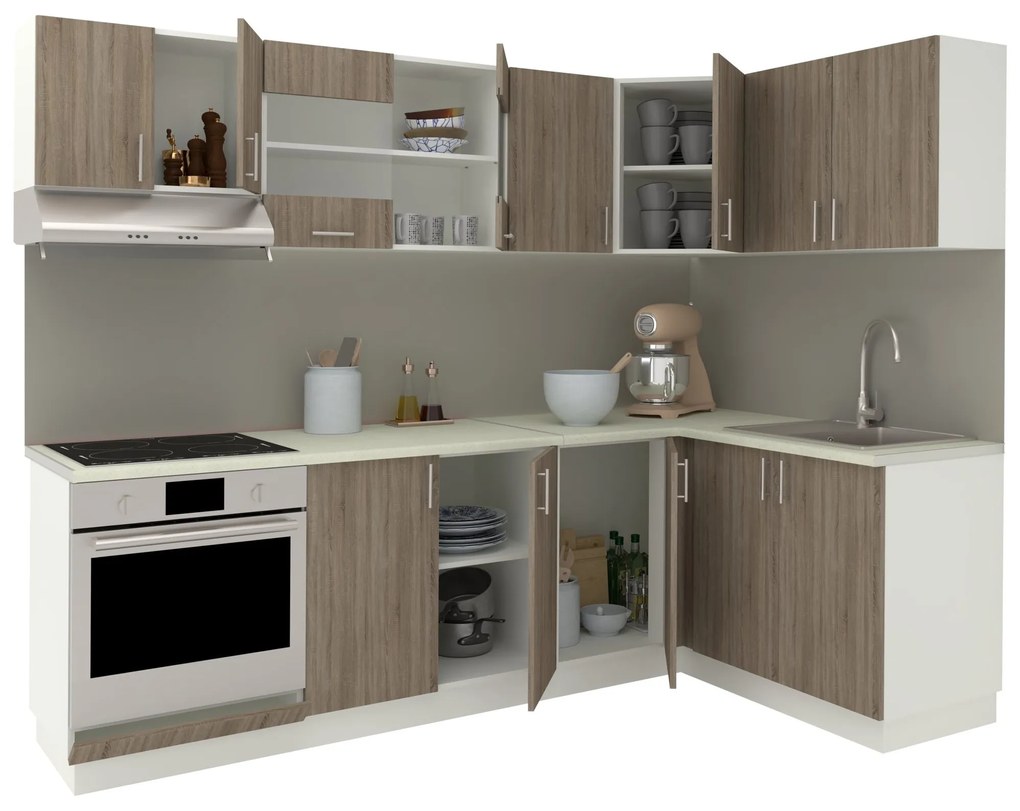 Set Bucatarie Colt Karo V34, Stejar Sonoma Inchis/Alb, Blat Thermo 28 mm, L 240 x 140 cm