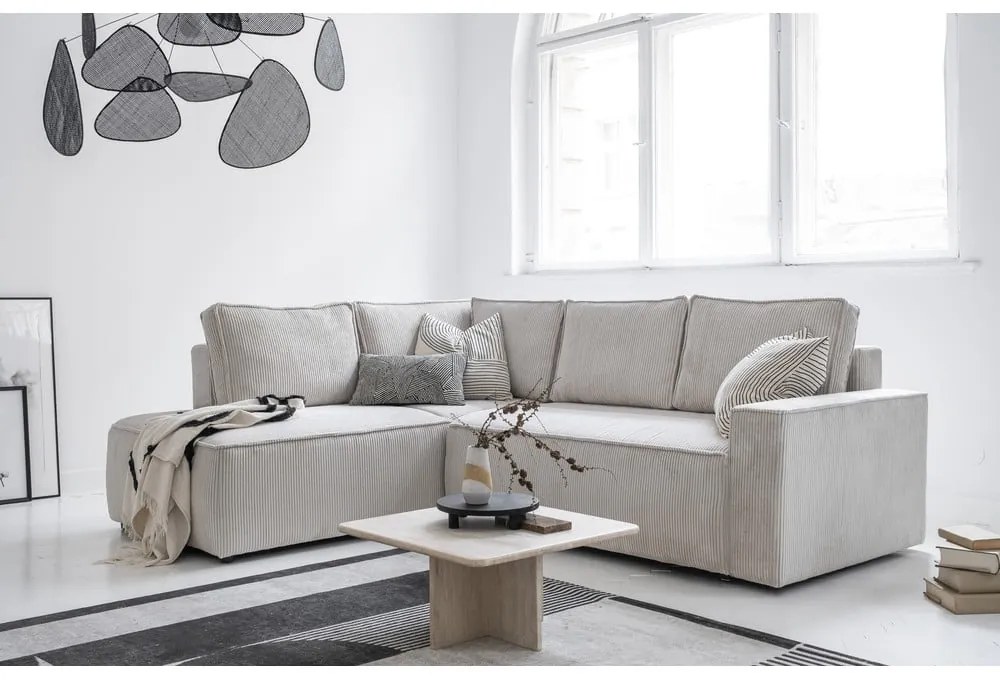 Colțar alb extensibil cu tapițerie din catifea reiată (cu colț pe partea stângă ) Brave Dave – Miuform