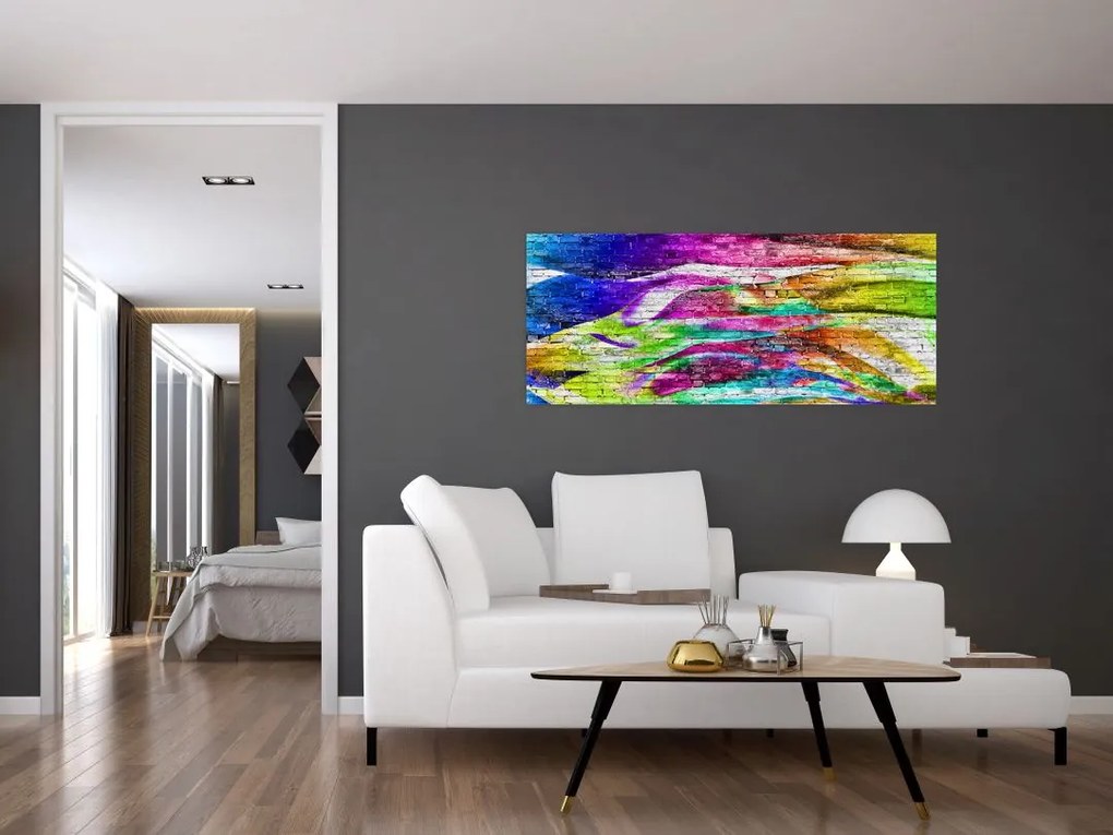Tablou - Zid de cărămidă cu flăcări colorate (120x50 cm)