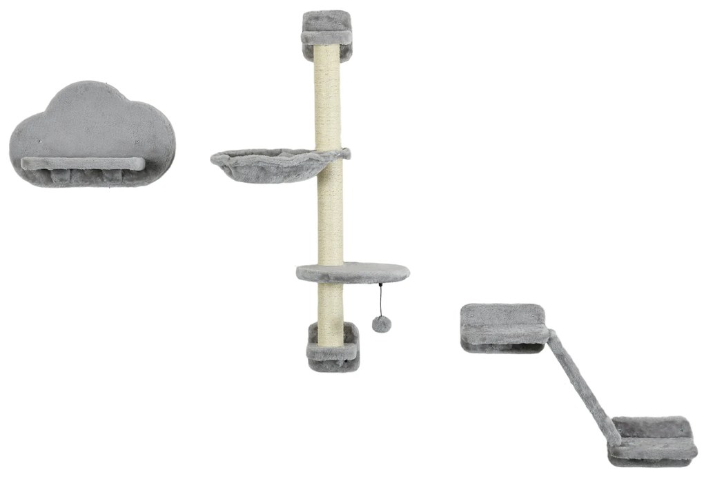 PawHut Set de 3 piese Cățărat pe Perete pentru Pisici cu Hamac Rampă cu Zgârietor Platformă în Formă de Nor Gri | Aosom Romania