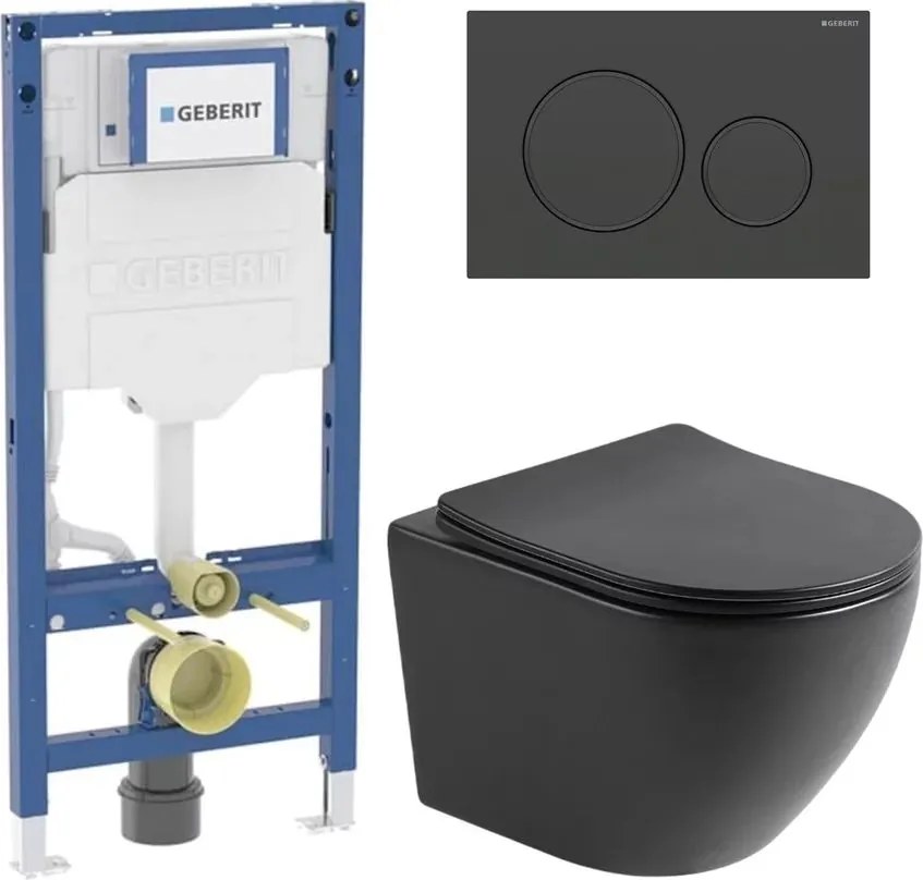 Set rezervor incastrat Geberit Duofix cu set fixare si clapeta Sigma20 negru mat plus vas WC Rune Ivaldi cu capac softclose