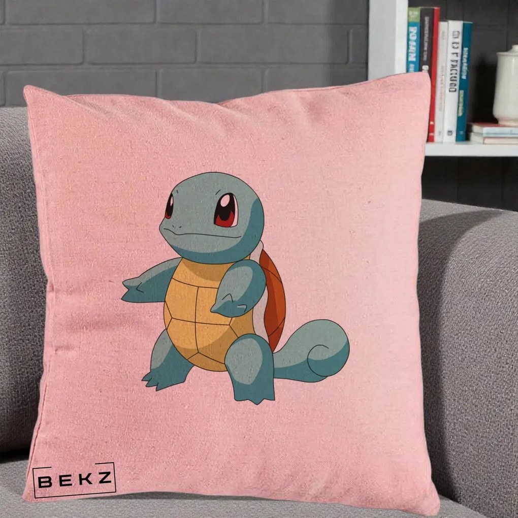 Perna Personalizata Squirtle Pokemon, 40x40 cm, Roz, Husa Detasabila, Perna Inclusa, BEKZ®