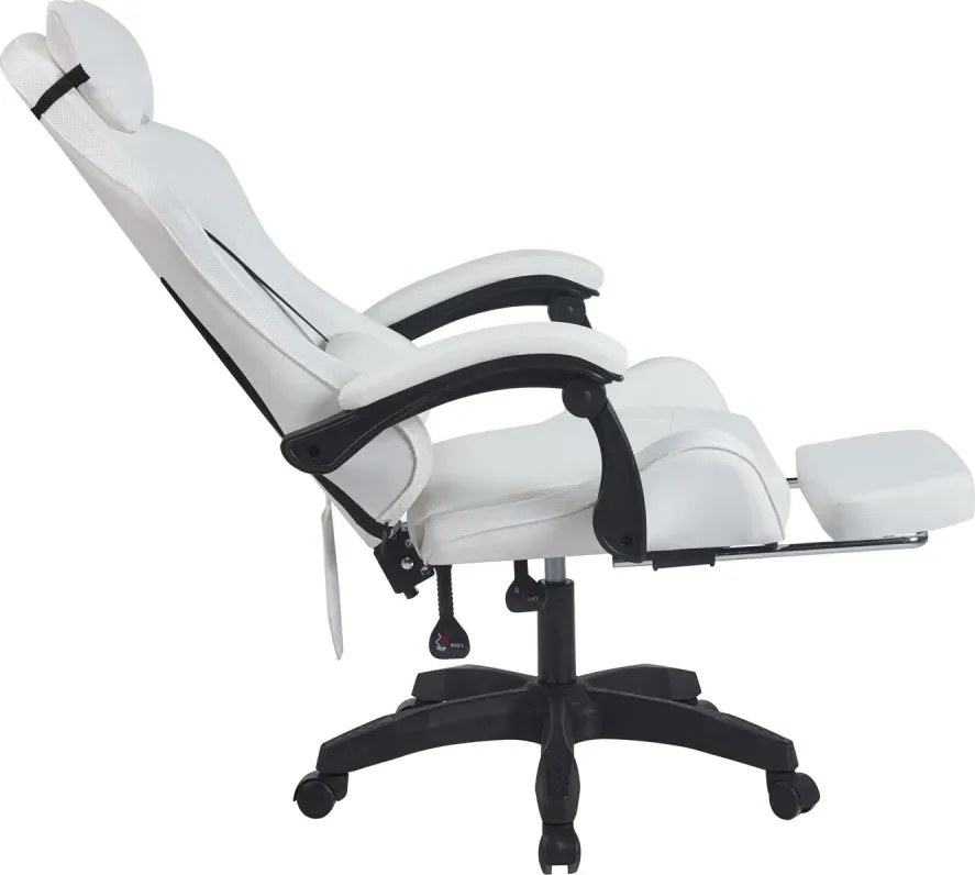 RESIGILAT- Scaun gaming, sistem iluminare bandă LED RGB, masaj în perna lombară, suport picioare, Alb