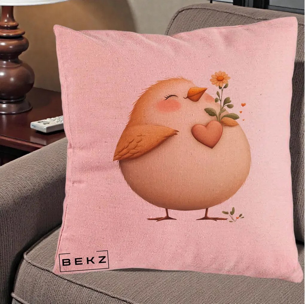Perna Decorativa Pui cu Inima si Floarea-Soarelui, 40x40 cm, Roz, Husa Detasabila, Perna Inclusa, BEKZ®