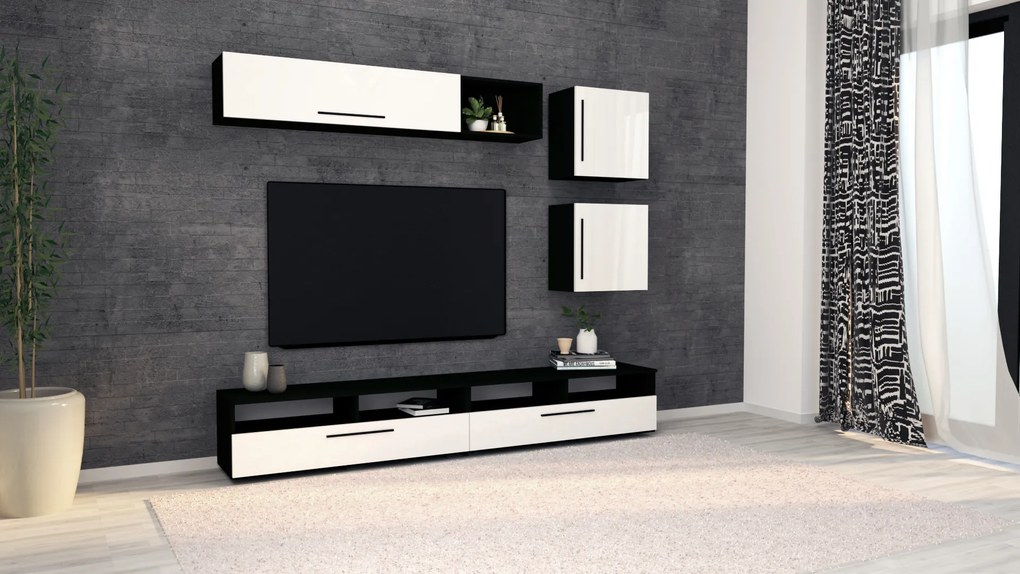 Living haaus Haga V15, Alb Lucios/Negru, MDF, L 240 cm