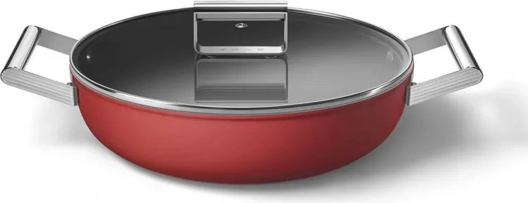 Oală joasă cu capac Smeg CKFD2811RDM, 28 cm, 3,7 l, acoperire antiaderentă cu 3 straturi, rezistentă la cuptor până la 250 °C, fără PFAS, compatibilă cu plitele cu inducție, roșie