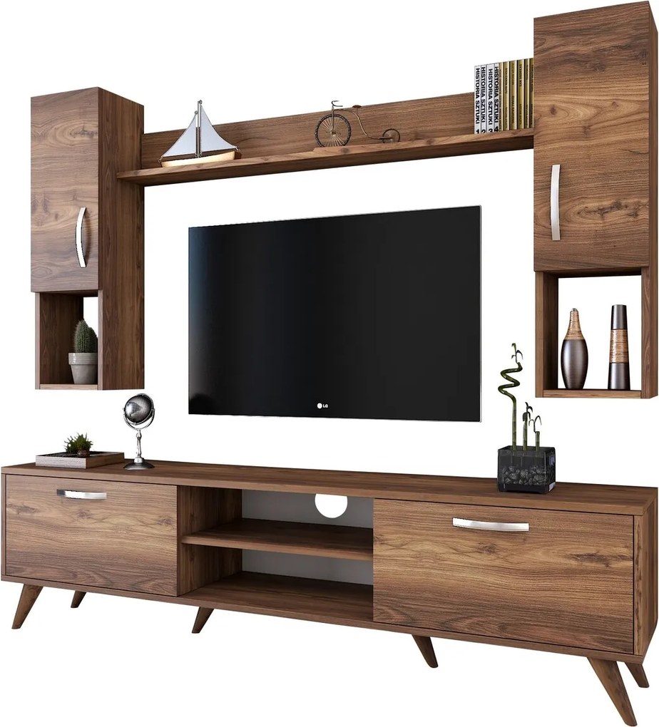 Comoda TV cu raft de perete si 2 cabinete M27 - 284, Wren, 180 x 35 x 48.6 cm/133 cm, walnut