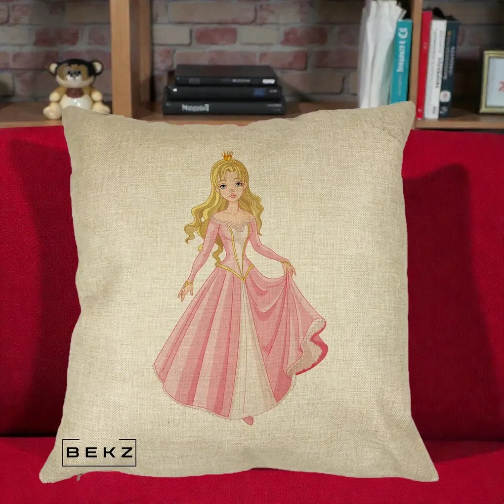 Perna Decorativa Printesa Aurora Rochie Roz, 40x40 cm, Crem, Husa Detasabila, Perna Inclusa, BEKZ®