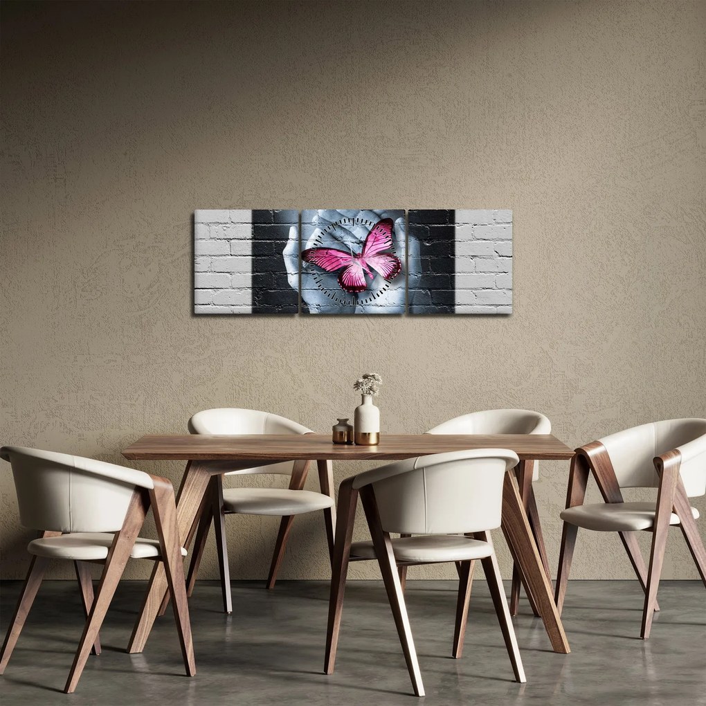 Tablou - Fluture roz în perete (cu ceas) (90x30 cm)