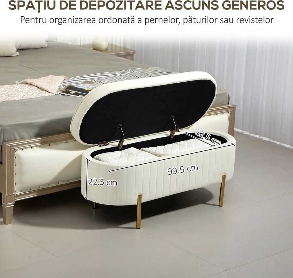 HOMCOM Bancă de Depozitare de Intrare Ovală 72L, Design Canelat cu Capac Rabatabil și Scaun Capitonat, Bancă de la Capătul Patului, Pouf, în Velur și cu Picioare din Lemn de Pin, 108x44x43.5 cm, Crem | Aosom Romania