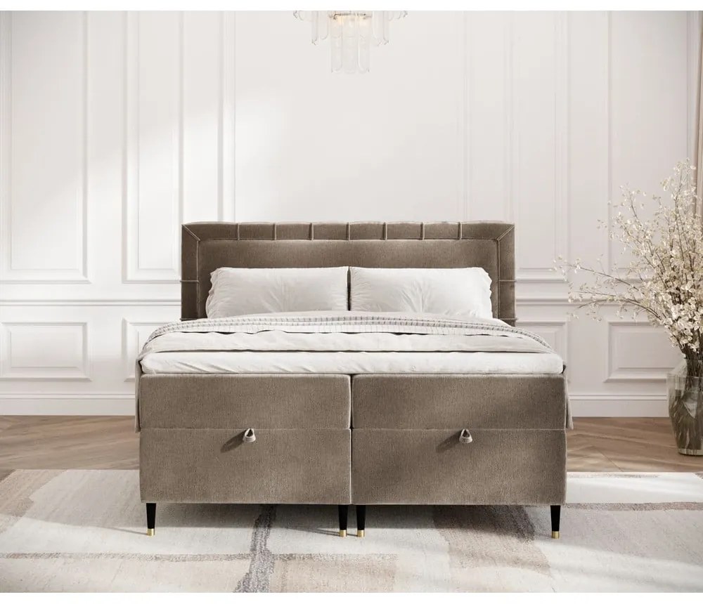 Pat boxspring bej cu spațiu de depozitare 160x200 cm Voyage – Maison de Rêve