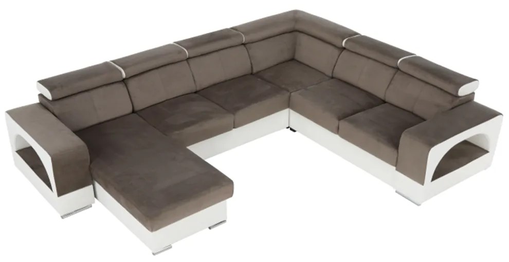 colţar în formă de U, piele ecologică albă/material textil maro, model stânga, KAMELIA