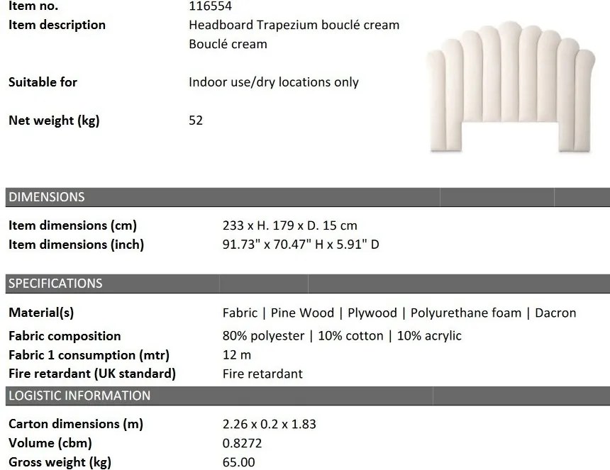 Tablie pat design LUX, tapitata cu tesatura boucle crem Trapezium