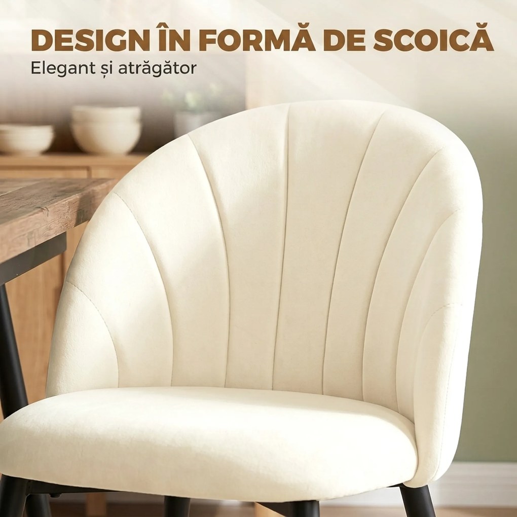 HOMCOM Set 2 Scaune Dining cu Spătar Tip Scoică și Picioare Metalice, Catifea, Crem | Aosom Romania