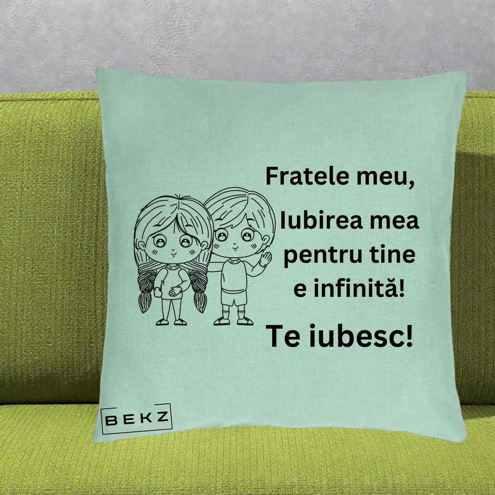Cadou pentru Frate - Perna Personalizata Fratele Meu Te Iubesc Copii Anime Line Art Negru, 40x40 cm, Verde Menta, Husa Detasabila, Perna Inclusa, BEKZ®