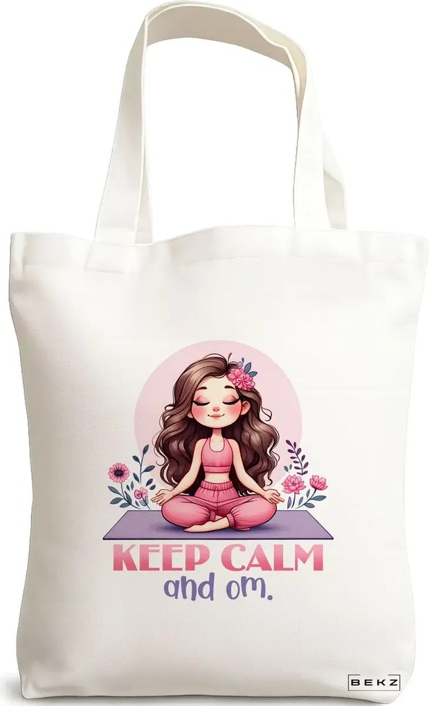 Sacosa de Panza pentru Cumparaturi, Geanta Tote Yoga Keep calm and Om, 38x34.5 cm, Alba, BEKZ®
