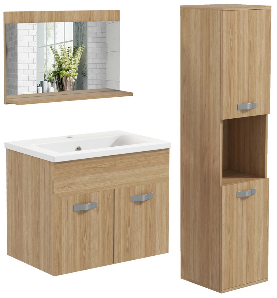 kleankin Set de mobilier de baie oglindă coloană + dulap sub chiuvetă suspendat cu bol, dulap coloană natural | Aosom Romania