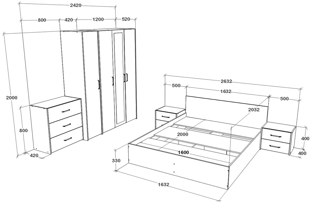 Set dormitor Malmo haaus V8, Pat 200 x 160 cm, Stejar Alb/Antracit