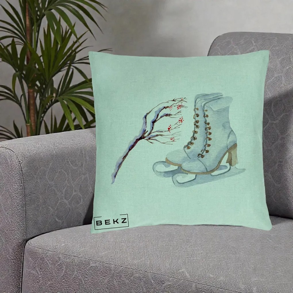 Perna Decorativa Patine cu Ramuri Inzapezite, 40x40 cm, Verde Menta, Husa Detasabila, Perna Inclusa, BEKZ®