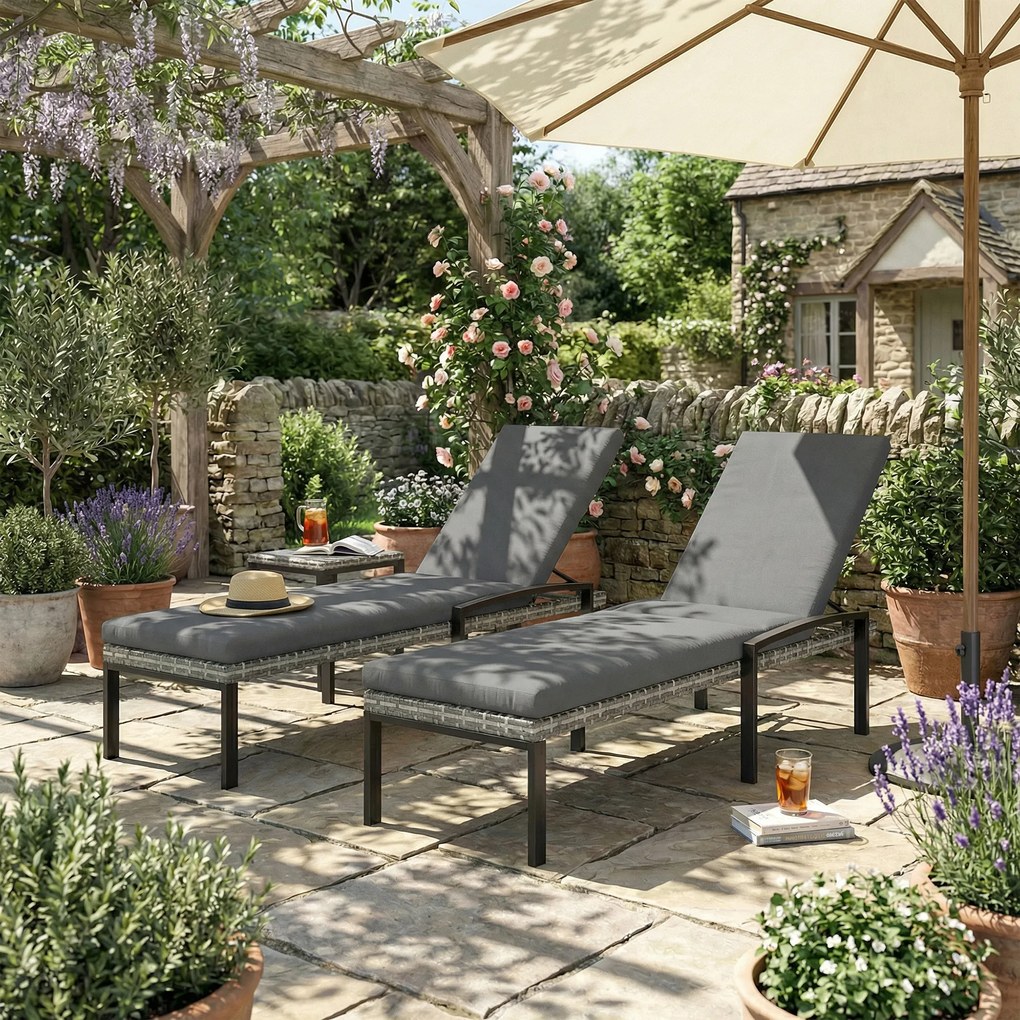 Outsunny Set de 2 șezlonguri Polyrattan, șezlong de grădină cu spătar reglabil în 5 poziții, pernă, până la 120 kg, Gri deschis | Aosom Romania