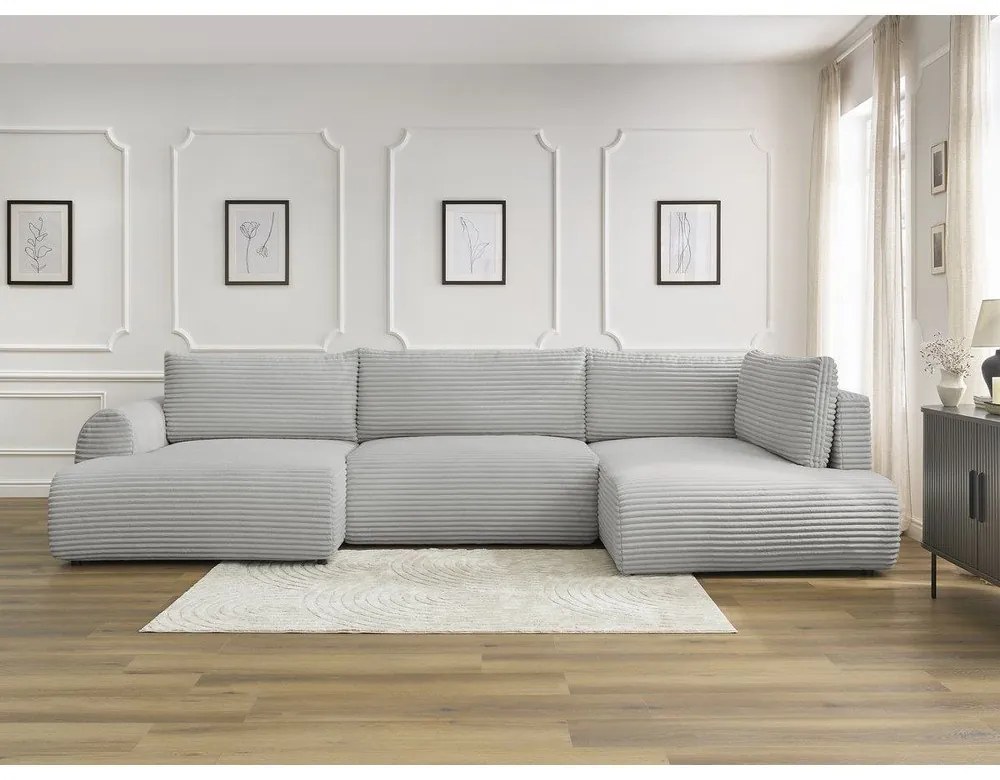 Colțar gri deschis extensibil/cu spațiu de depozitare cu tapițerie din catifea reiată (cu colț pe partea dreaptă/în formă de "U") Lucien – Bobochic Paris