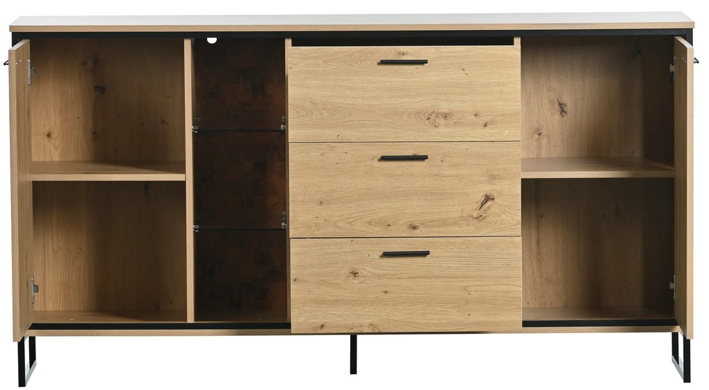 Comodă modernă din lemn cu trei sertare, Negru+Culoare naturală | Aosom Romania