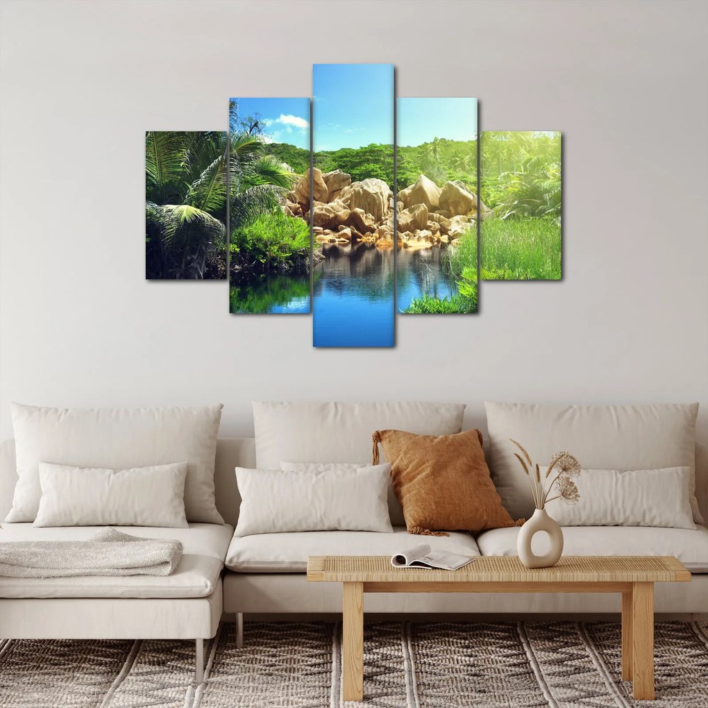 Tablou cu lac în jungla din Seychelles (150x105 cm)