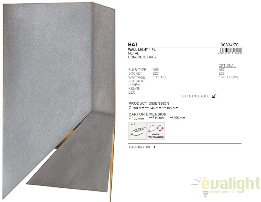 Aplica ambientala design industrial style BAT II 90334/70 BL