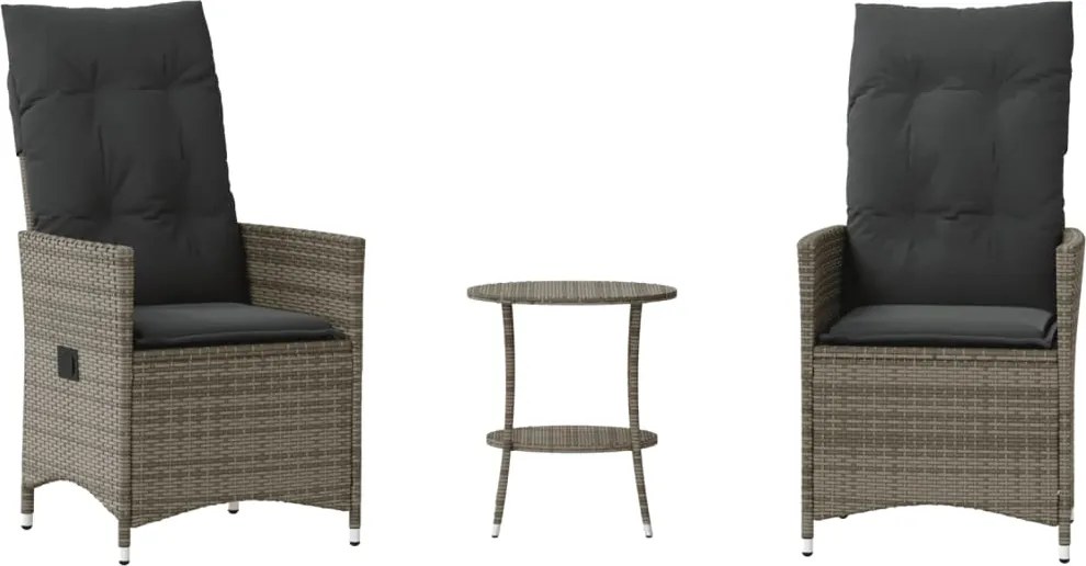 vidaXL Set bistro de grădină cu perne, 3 piese, gri, poliratan