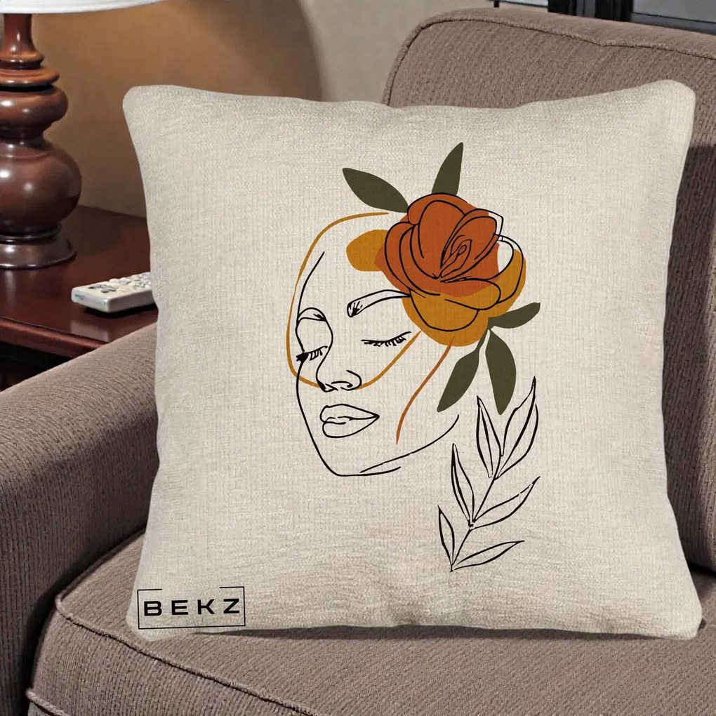 Perna Decorativa Portret Feminin Trandafir Ruginiu, 40x40 cm, Bej Canapea, Husa Detasabila, Perna Inclusa, BEKZ®