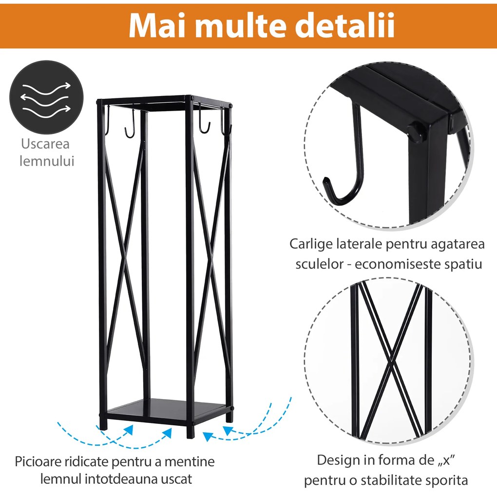 Suport lemne de Interior si Exterior cu economisire de spatiu din Metal cu Paleta, Matura, Vatrai si Cleste 34x34x111cm Negru Outsunny | Aosom Romania