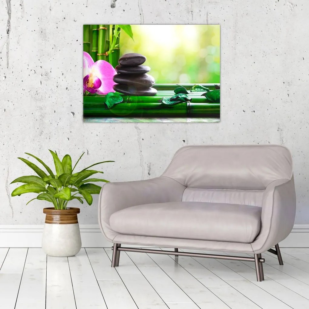 Tablou pe sticlă cu pietre pentru masaj și orhidee (70x50 cm)