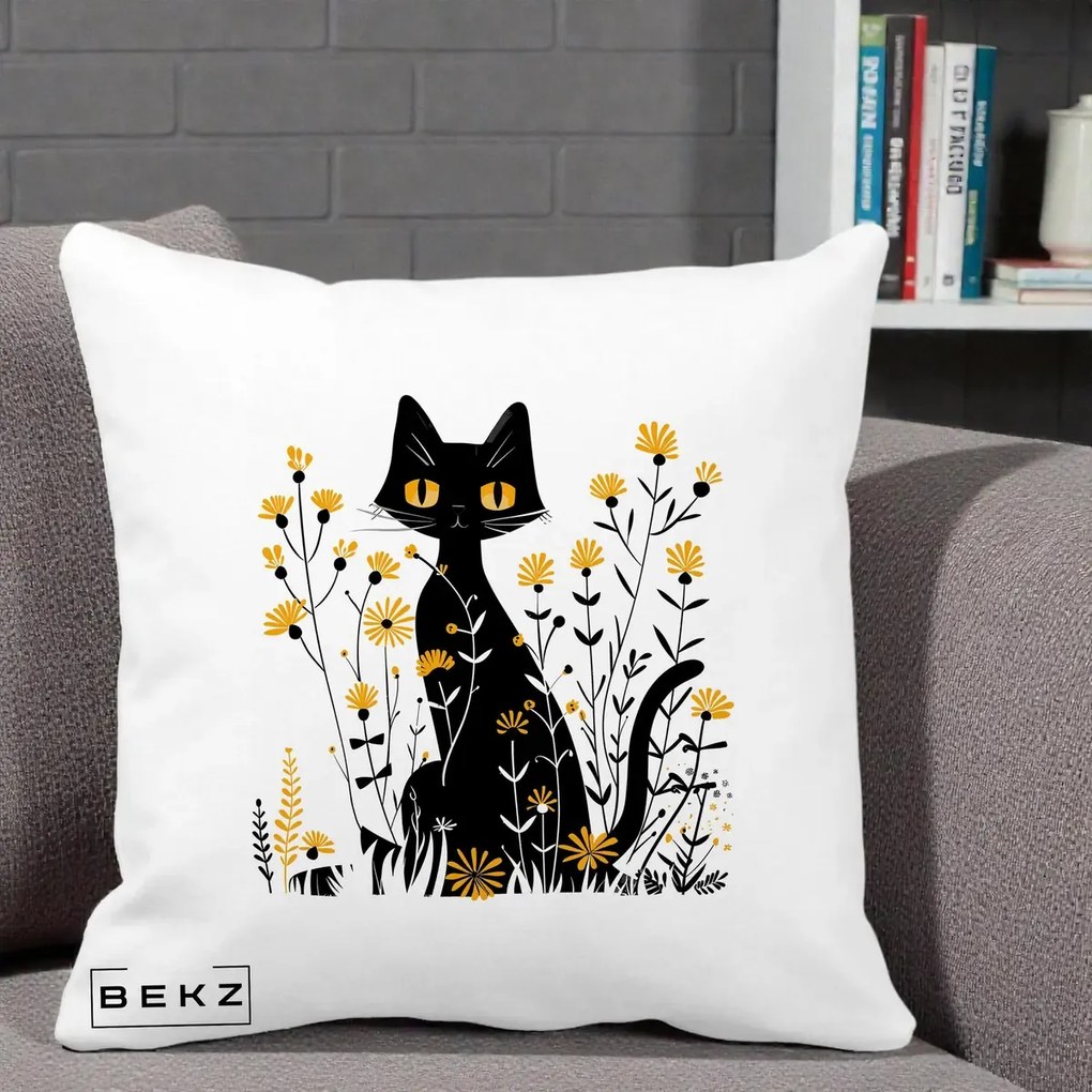 Perna Decorativa Pisica Neagra Ochi Galbeni Flori Galbene, 40x40 cm, Alba Mata, Husa Detasabila, Perna Inclusa, BEKZ®
