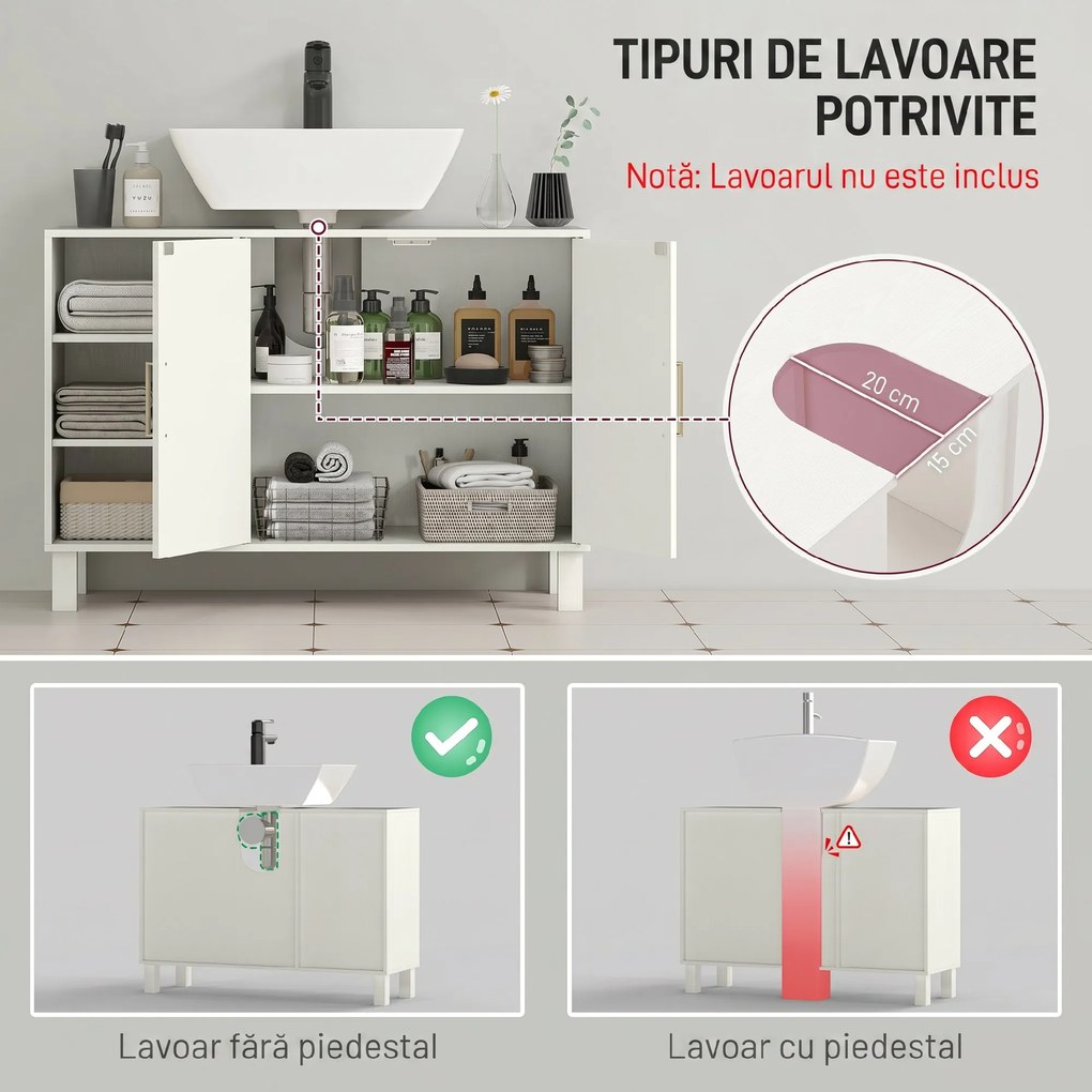 HOMCOM Dulap pentru Lavoar Baie cu 2 Uși, Rafturi Deschise, Rafturi Reglabile, pentru Lavoare fără Piedestal, 90x30x63 cm, Crem | Aosom Romania