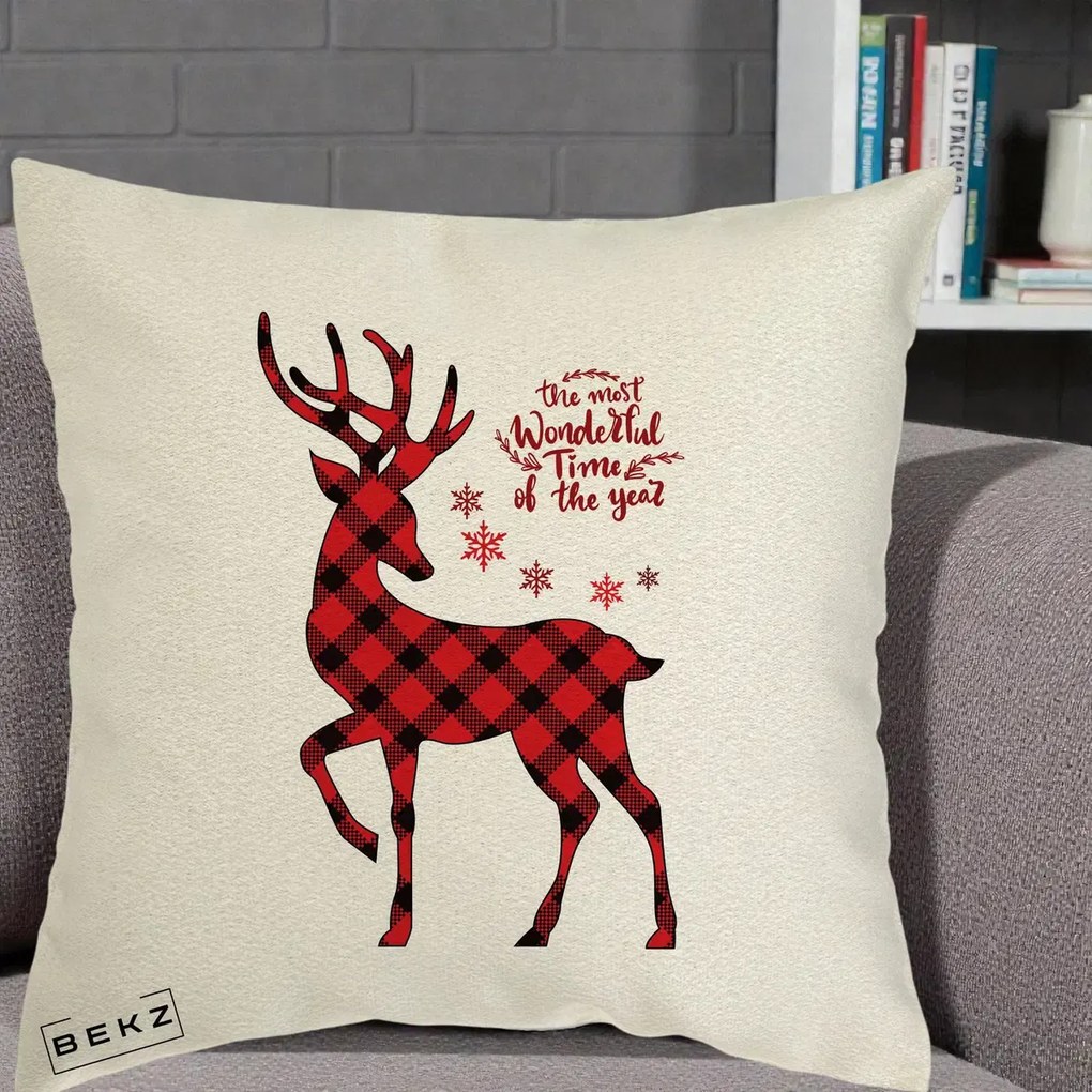 Perna Decorativa Ren Buffalo Plaid Craciun, 40x40 cm, Ecru, Husa Detasabila, Perna Inclusa, BEKZ®