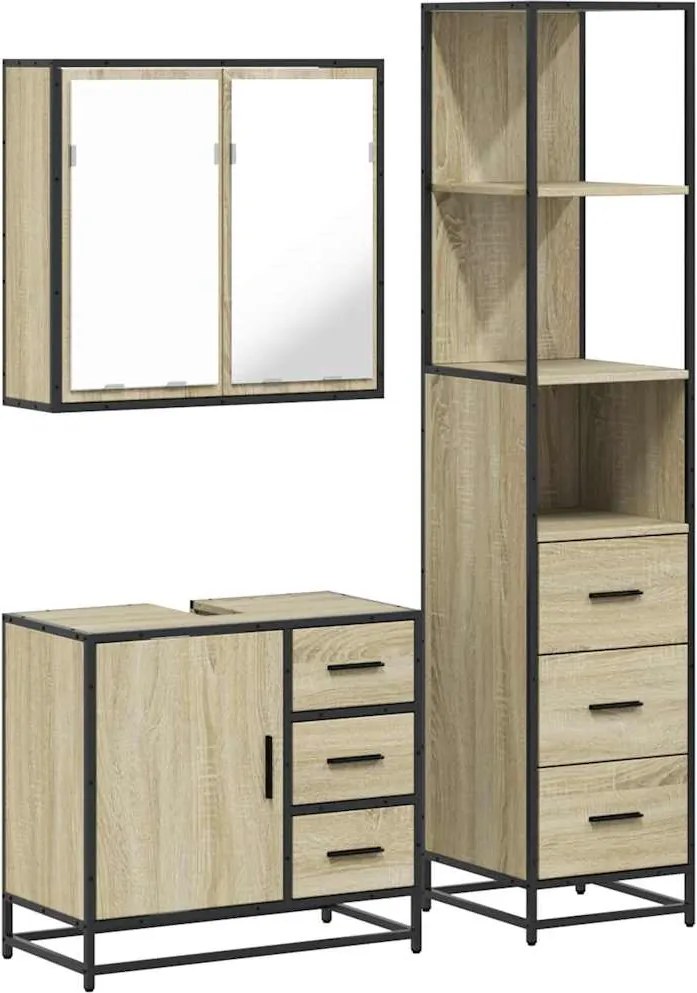 vidaXL Set mobilier de baie, 3 piese, stejar sonoma, lemn prelucrat