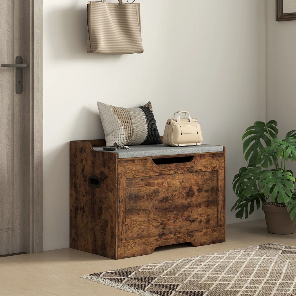 HOMCOM Bancă de Depozitare de 103L Multifuncțională, nuanță de Lemn cu Pernă din Țesătură Gri, 75x40x56 cm | Aosom Romania