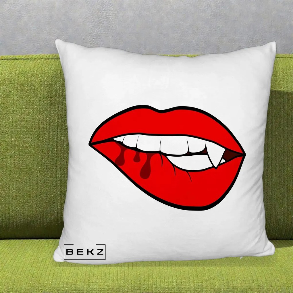Perna Decorativa Vampire Lips Halloween, 40x40 cm, Alb Pufos, Husa Detasabila, Perna Inclusa, BEKZ®