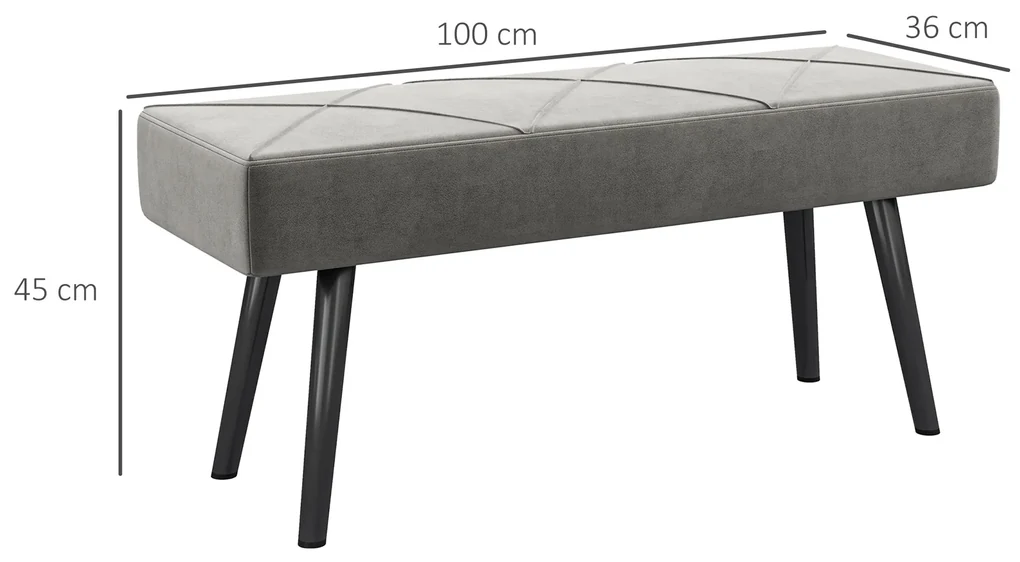 HOMCOM Danca Depozitare, Velvet Tapițat, cu Picioare de Oțel, pentru Dormitor, Living, Sufragerie, Hol, 100x36x45 cm, Gri | Aosom Romania