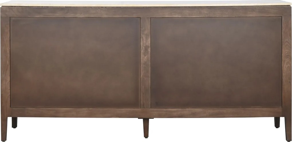Bufet living eclectic din lemn de mango, maro, cu 4 uși vitrate, blat din travertin și mânere din metal auriu, 85 x 180 x 40 cm, „Aveline”