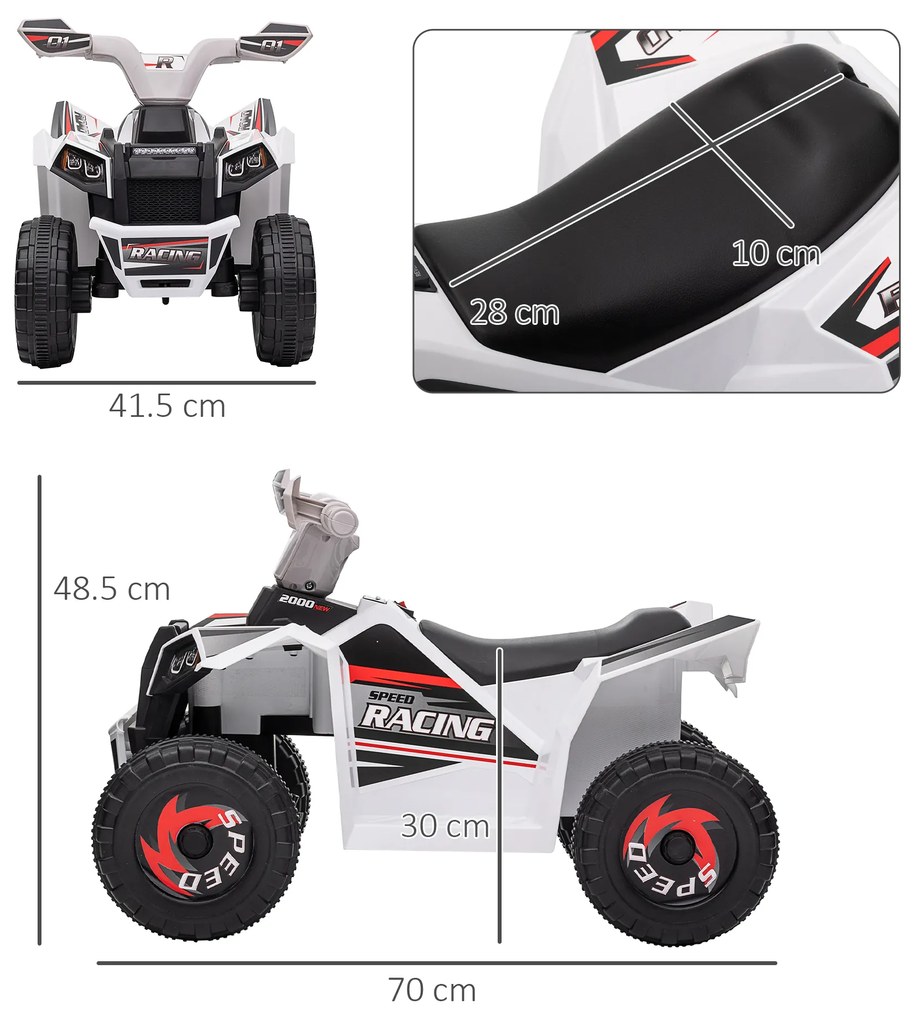 HOMCOM Quad electric pentru copii vehicul cu baterie 6V cu mers înainte și înapoi 70L x 41,5l x 48,5H cm Alb | Aosom Romania